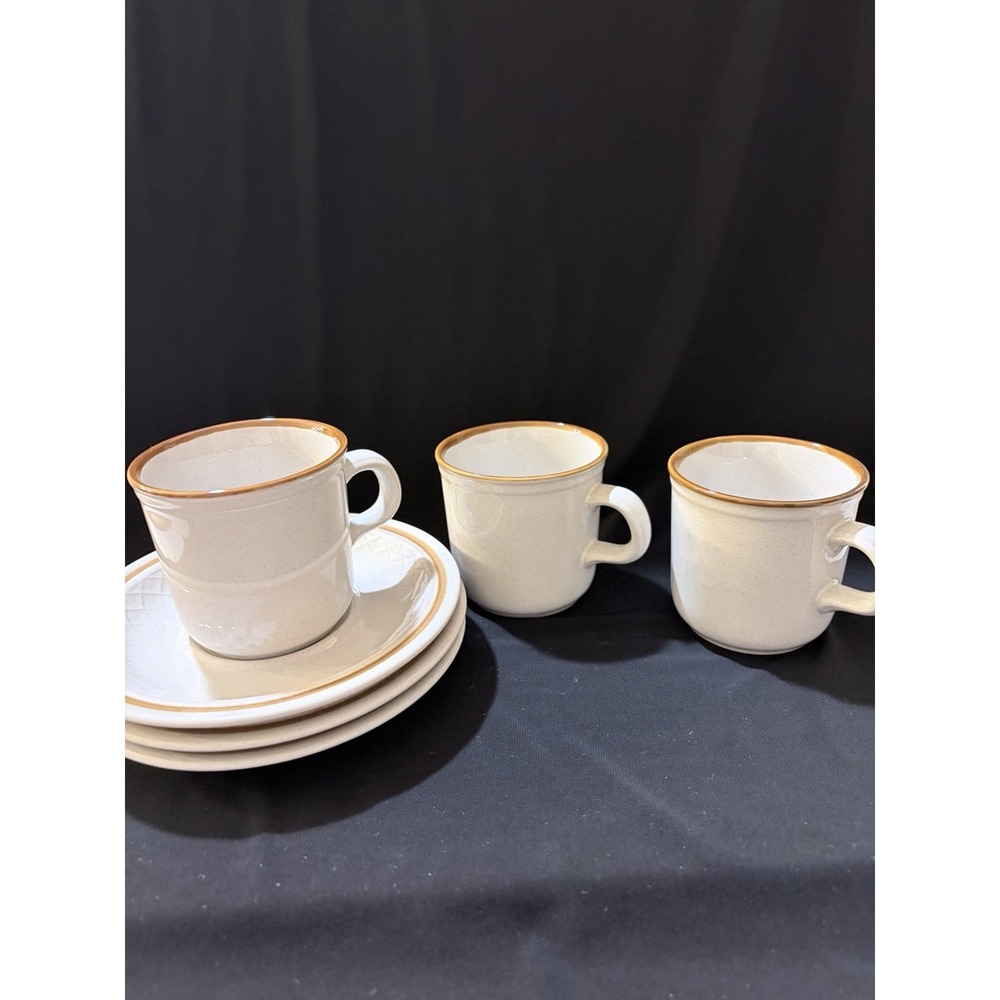 Vintage Speckled Stoneware Cups & Saucers - Set of 3 Brown Trim Japan